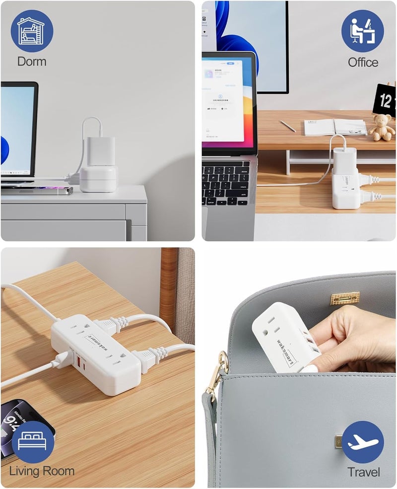 Waksmart PD20W Flat Plug Power Strip -3 Ft Flat Plug Extension Cord with 4 AC Outlets 3 Quick Charging USB Ports, Flat Outlet Wall Plug Compact for College Dorm, Travel, Home, Office Desk Accessories - Image 5